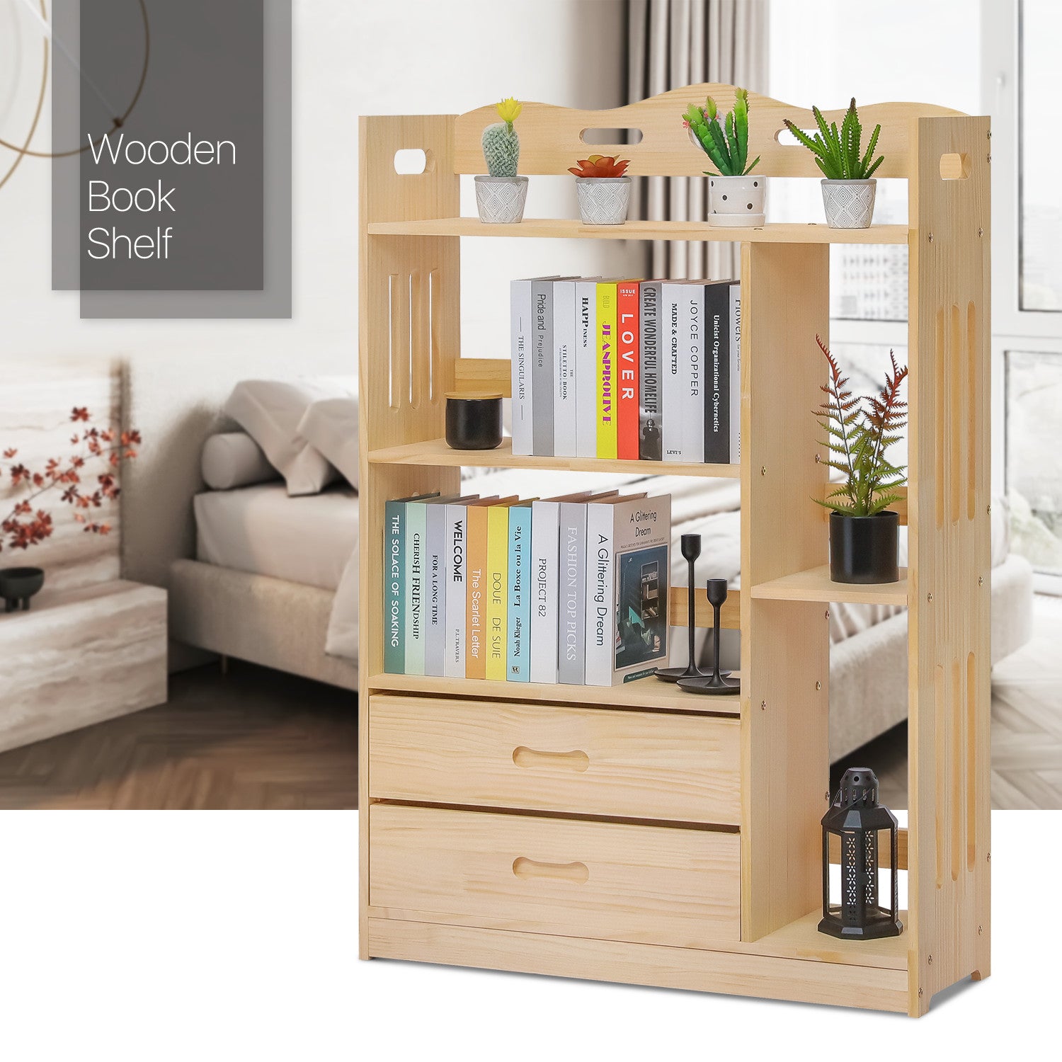 Wooden Bookcase[DRAWER+SIDE COMPARTMENTS]Bookshelf Toys