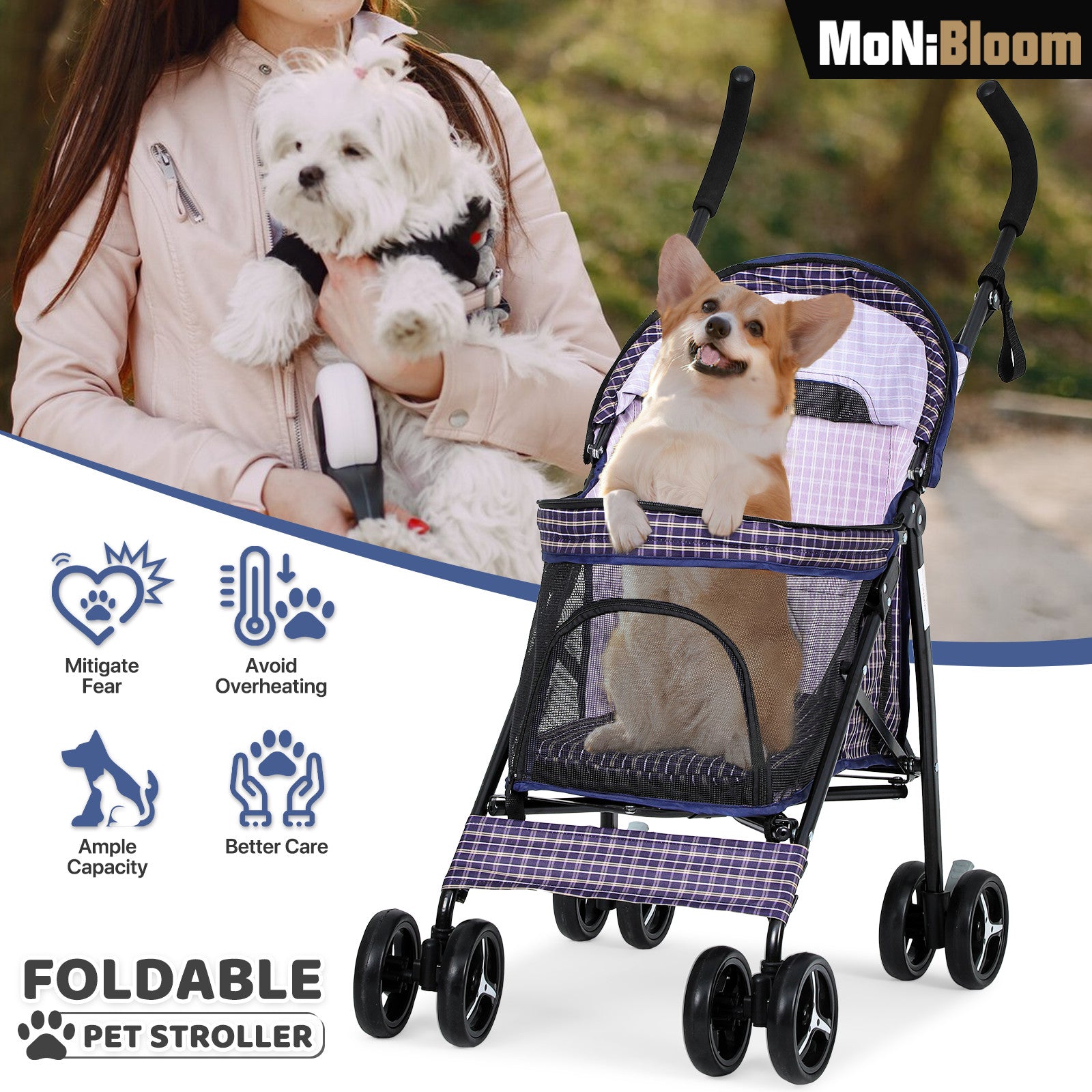 Pet Stroller with Skylight Storage Basket