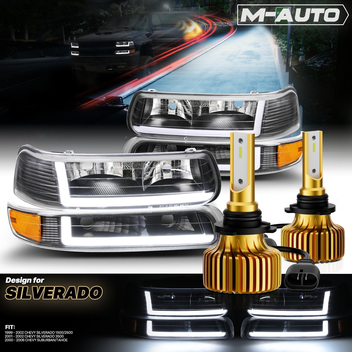[DRL LIGHT BAR] Black Headlight+Bumper w/6500K LED Bulb