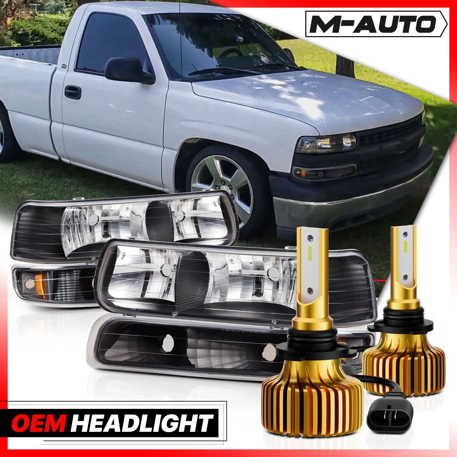 Pair Black Replacement Headlight+Bumper+6500K LED Bulb