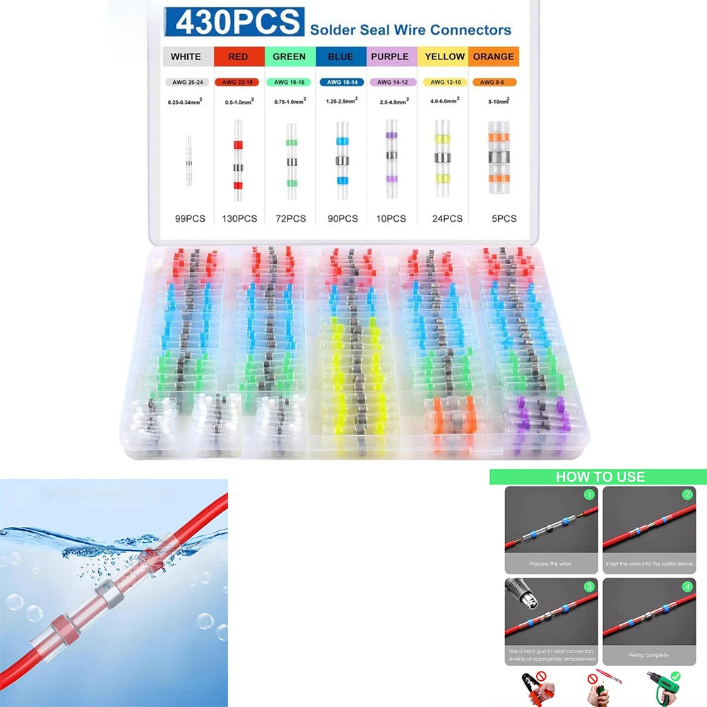430pcs Solder Seal Heat Shrink Wire Connectors Kit Waterproof For Car