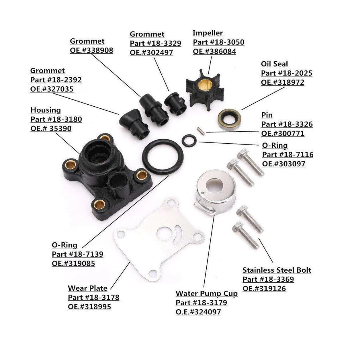 Water Pump Impeller Kit for Johnson/Evinrude 9.9-15HP Outboard 1974-UP