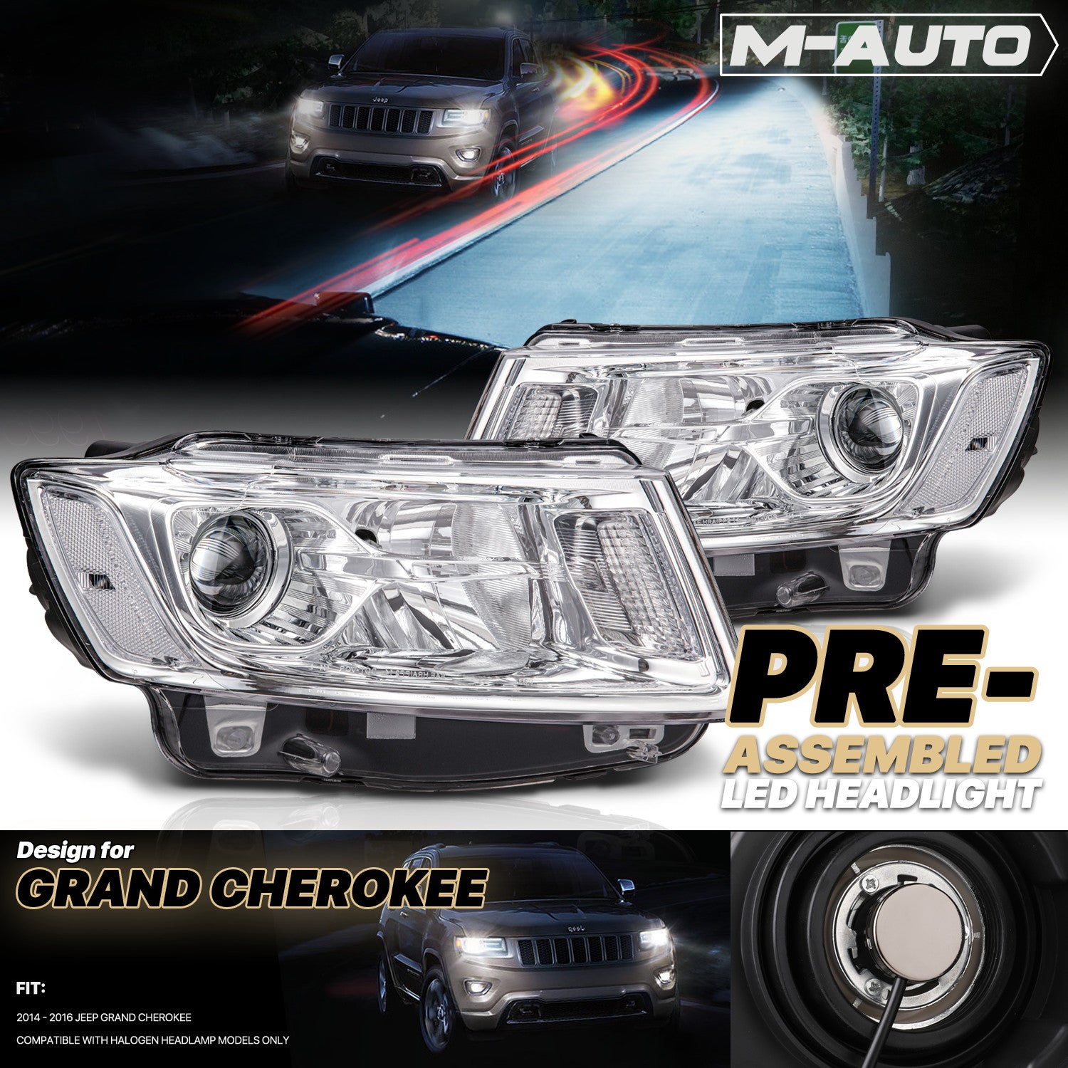 LH+RH Chrome Clear Projector Headlight for Jeep