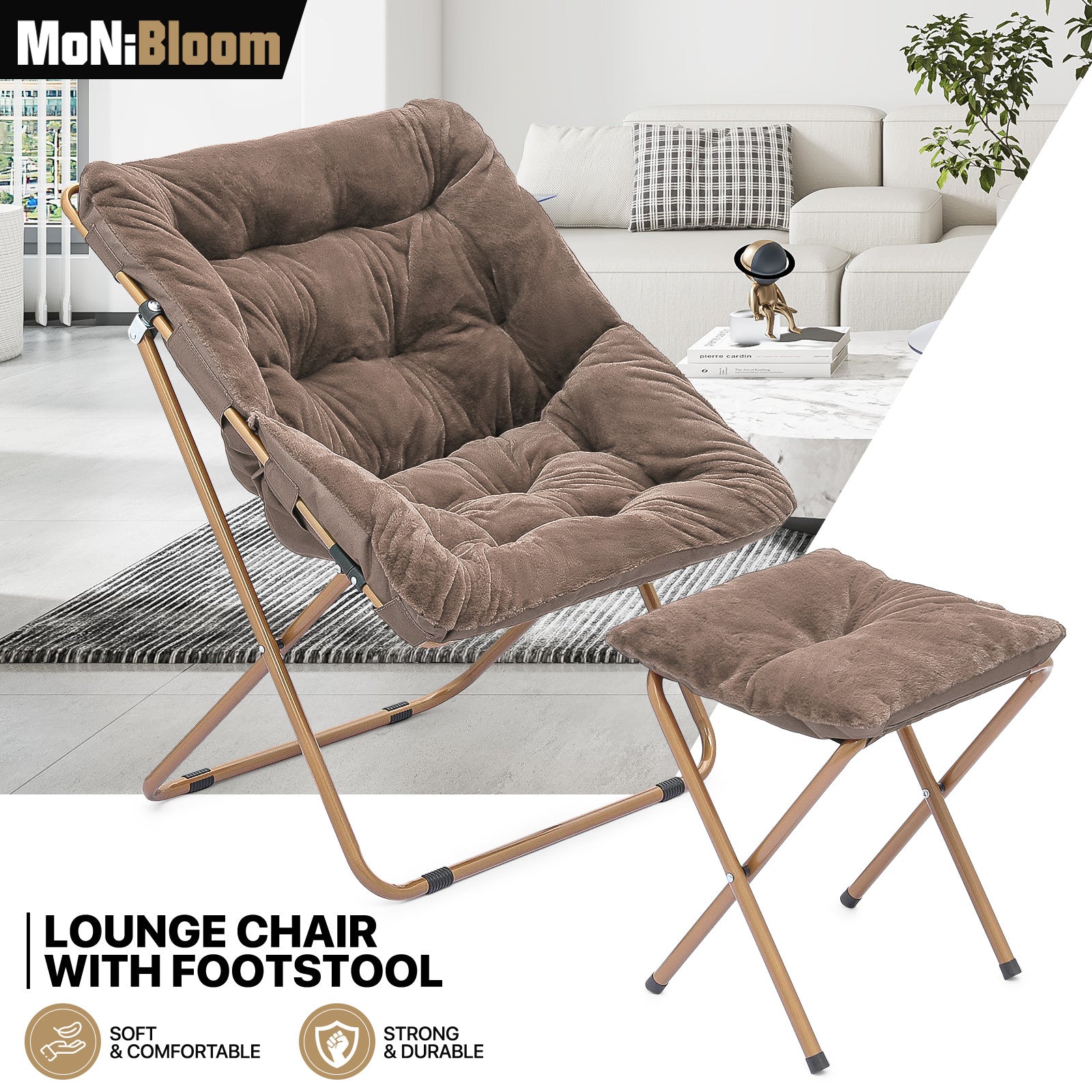 Beige Folding Faux Fur Saucer Chair with Ottoman