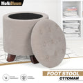 17" Beige Round Lift Top Storage Ottoman Upholstered Ho