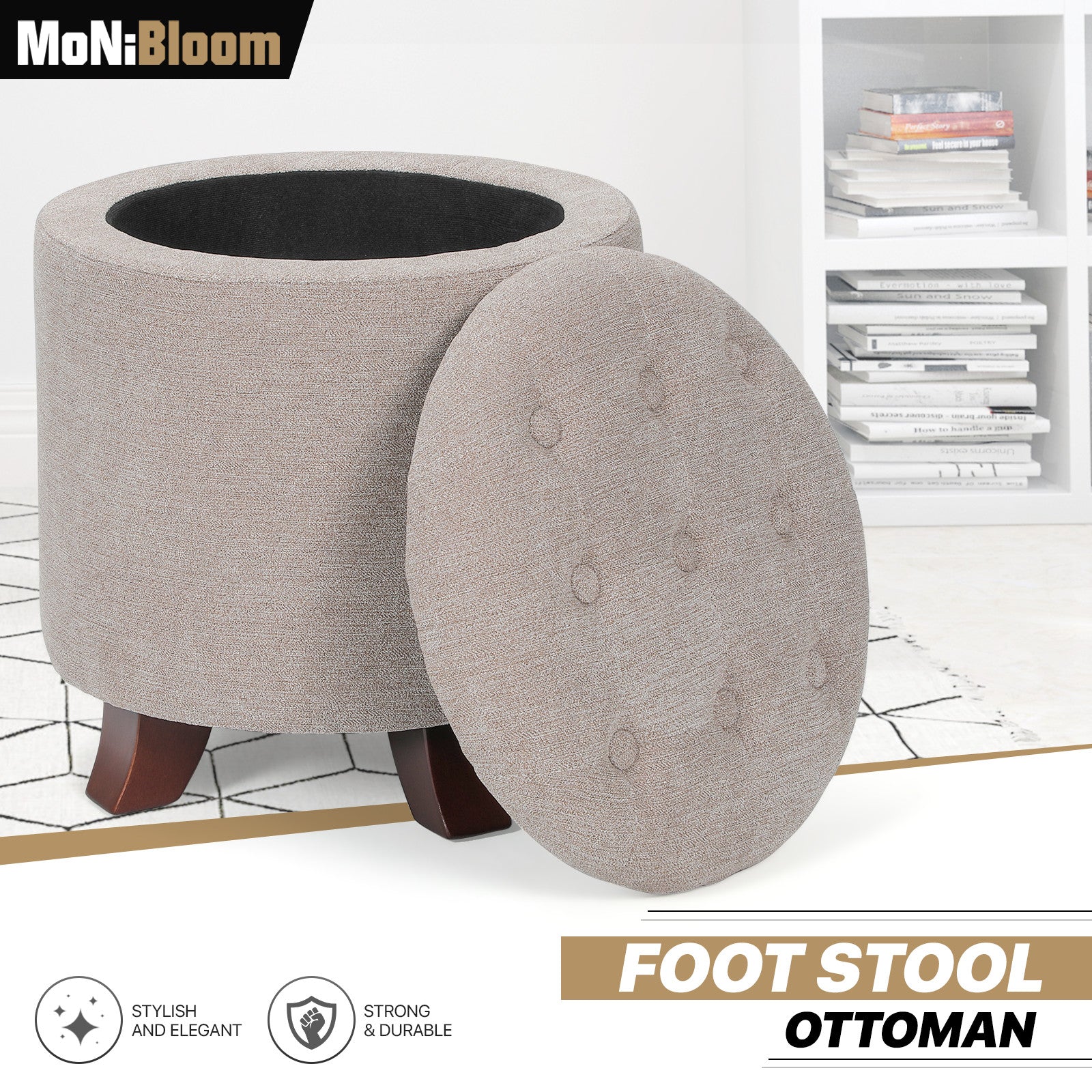 17" Beige Round Lift Top Storage Ottoman Upholstered Ho