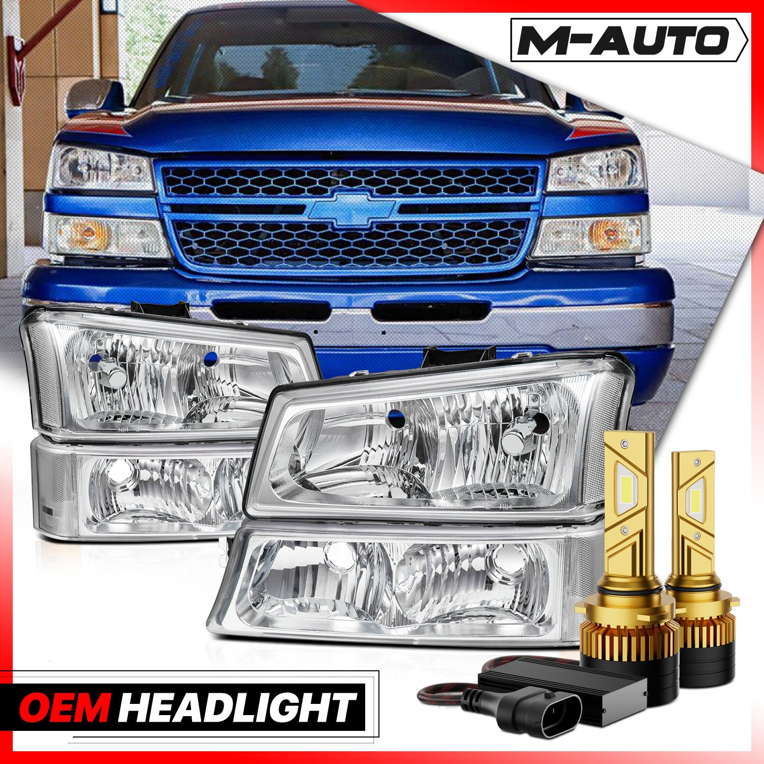 L+R Chrome Clear Headlight+Bumper+6500K LED Bulb w/Fan