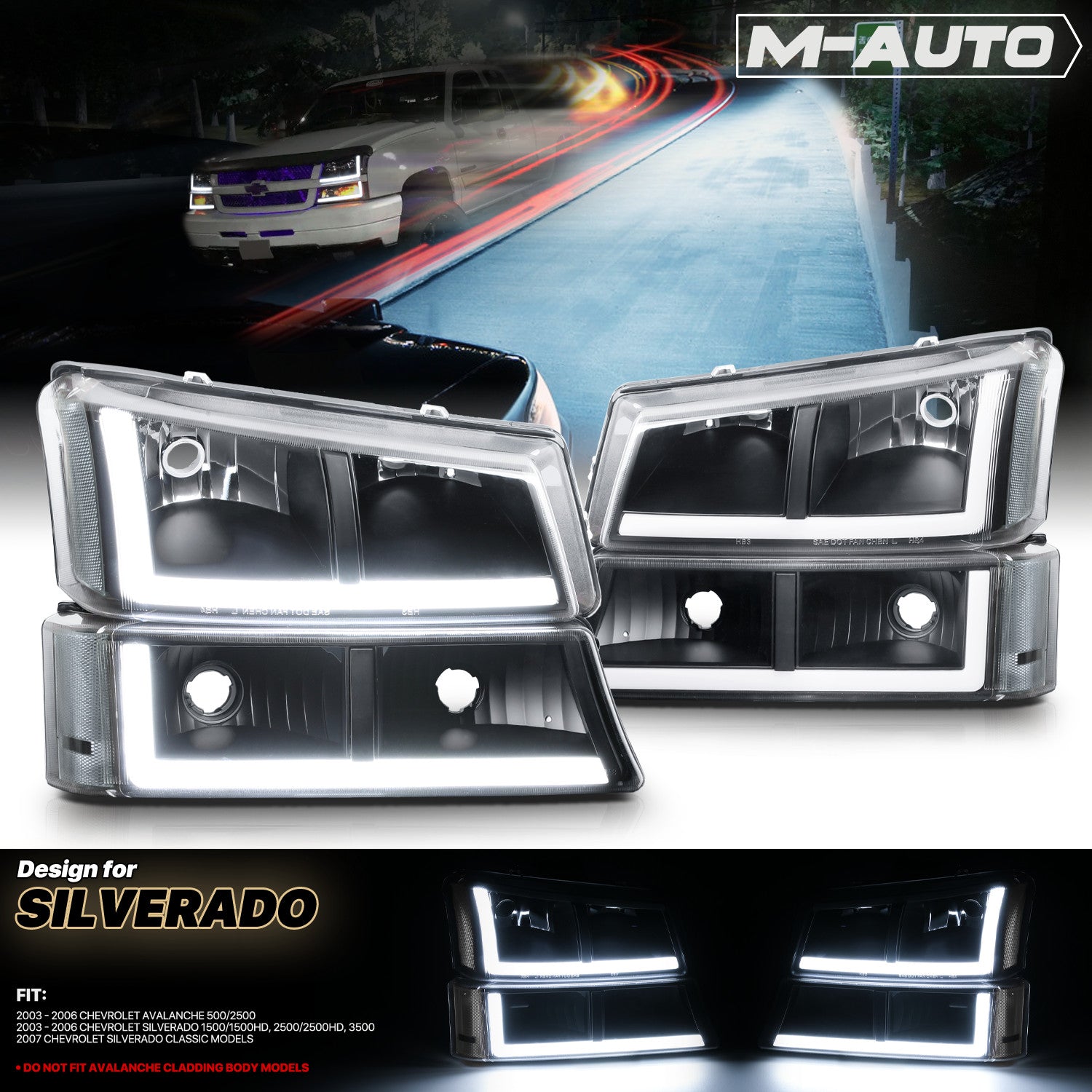 4PC Black Headlight & Bumper Light Bar for Silverado
