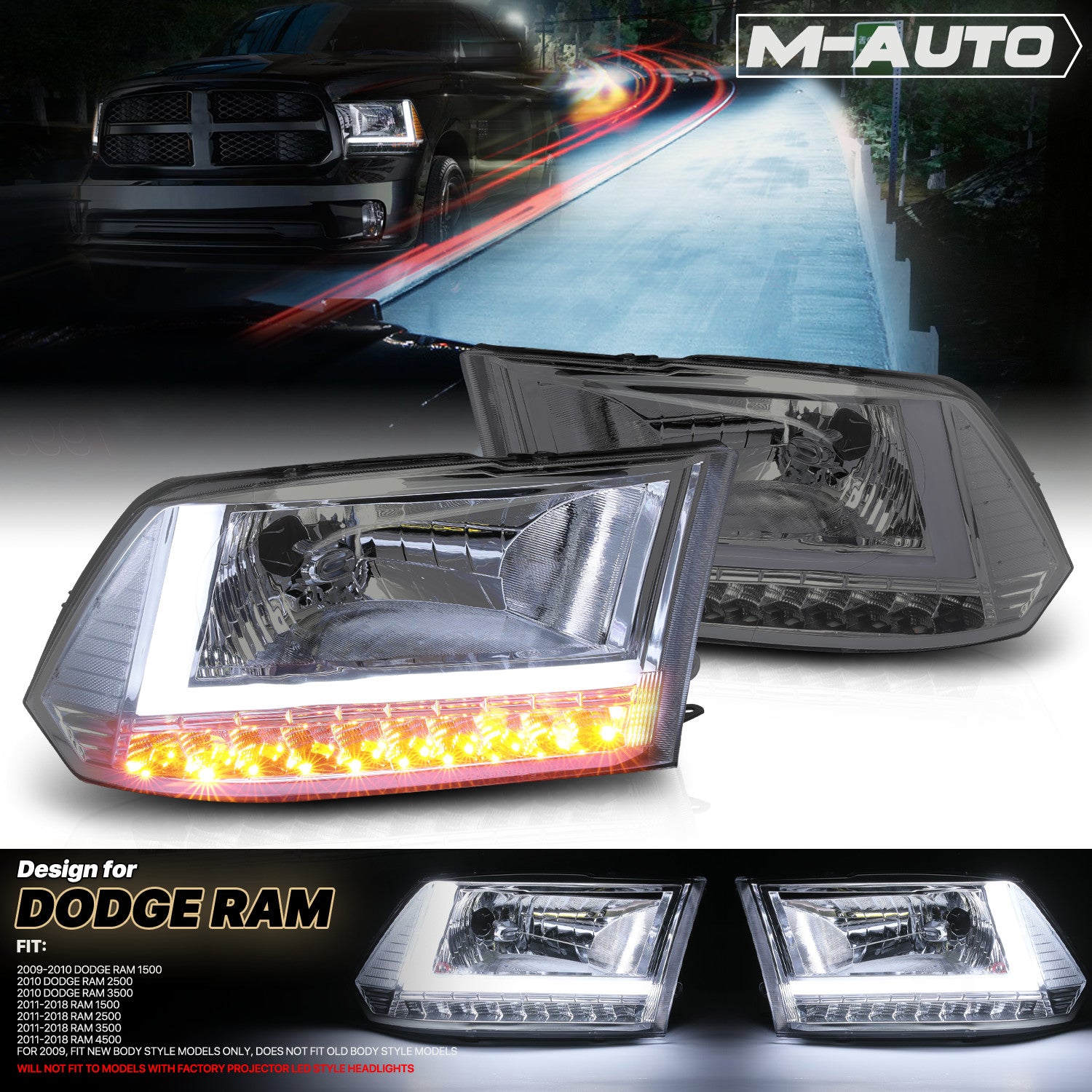 Chrome Smoke LED Headlight Lamp for Ram 1500-3500