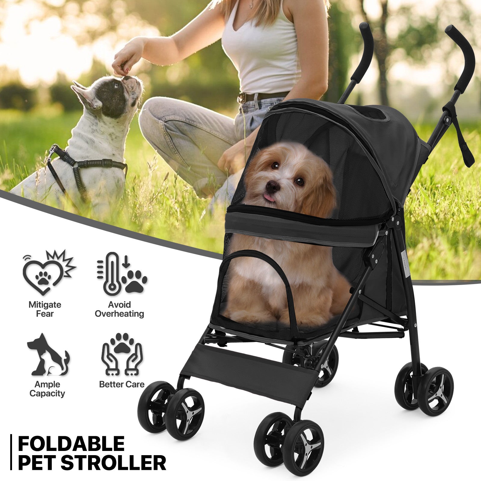 Folding 4-Wheels Dog Stroller Adjustable Canopy Portabl
