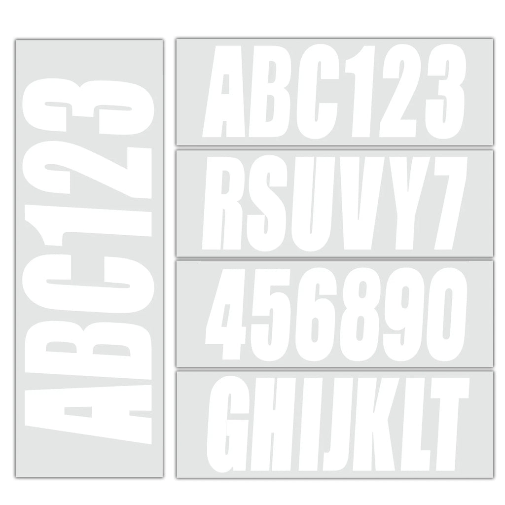 White Decals for Boat Registration Letters & Numbers A-Z & 0-9, 4 Sets