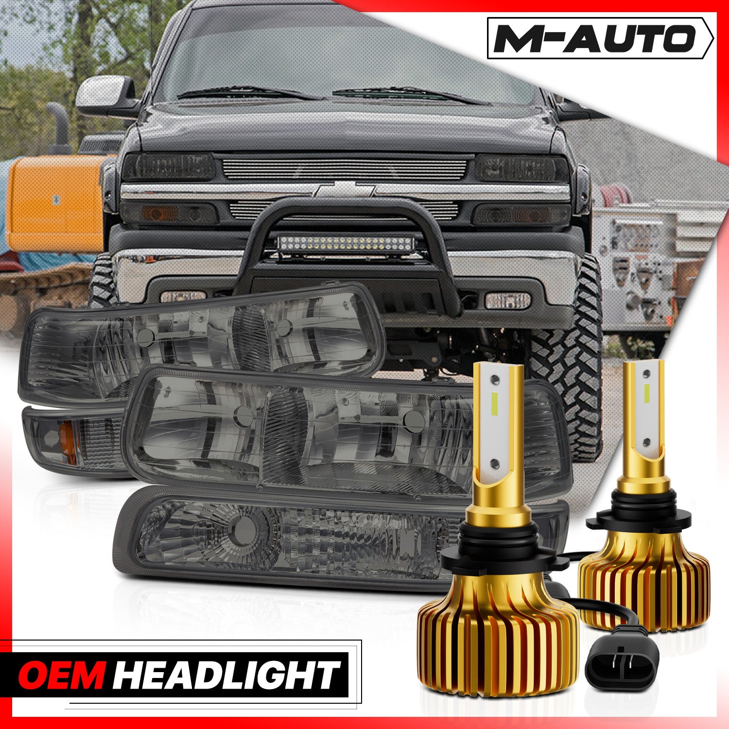 4PC LH+RH Smoke Headlight+6500K LED Bulb w/Bumper for 1