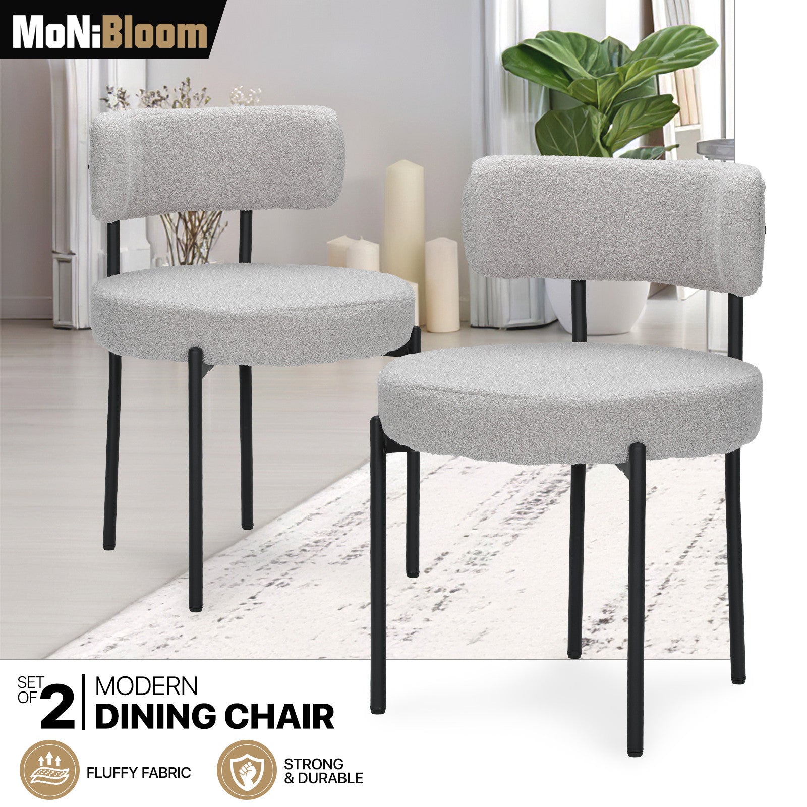 Set of 2 Gray Boucle Fabric Dining Chairs
