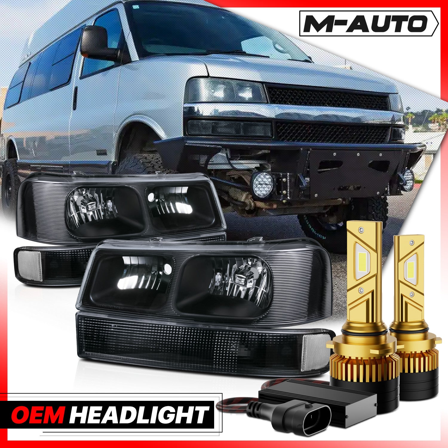 Black Headlight & 6500K LED for 03-23 Chevy Express