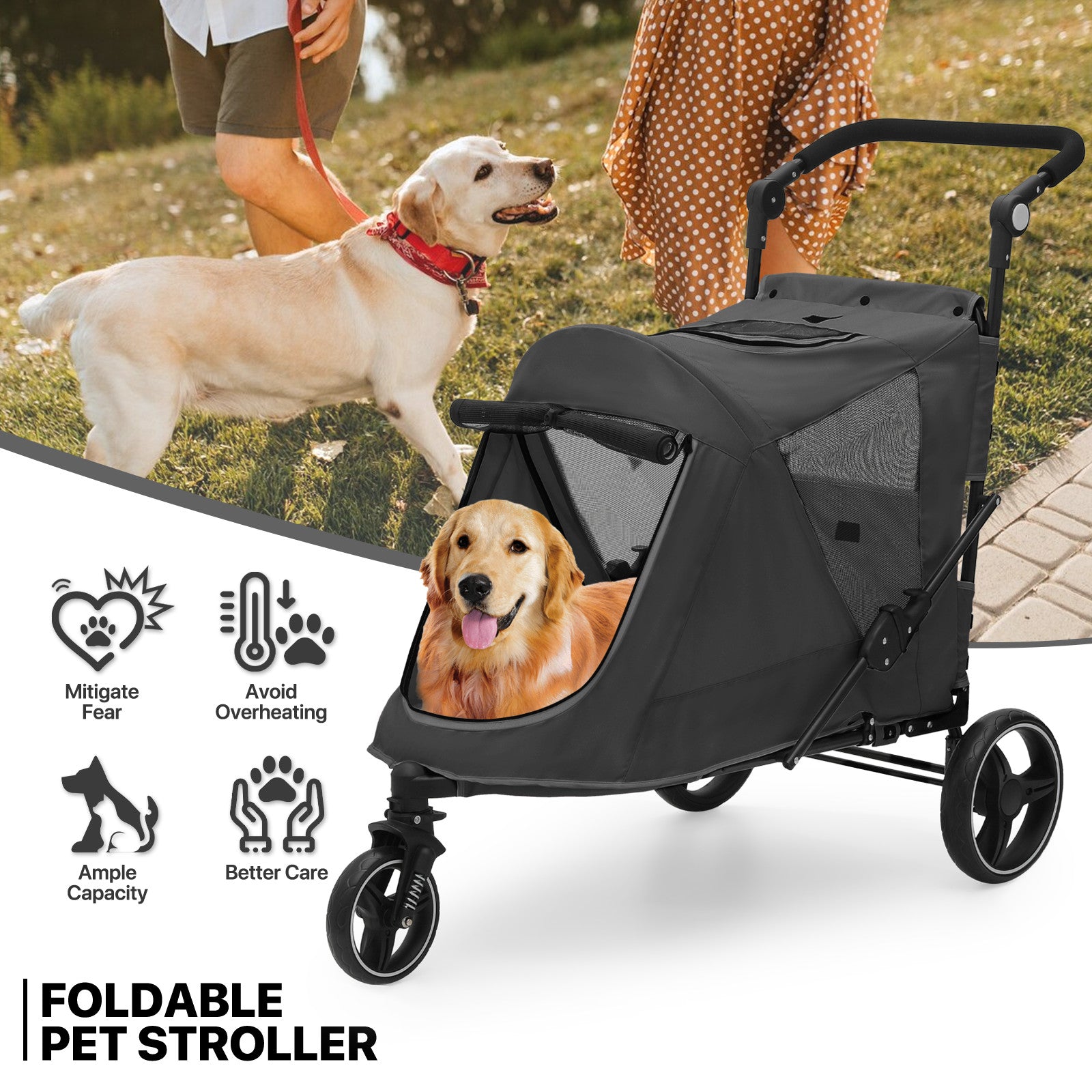 Folding 3-Wheel Dog Stroller Breathable Pet Travel Carr
