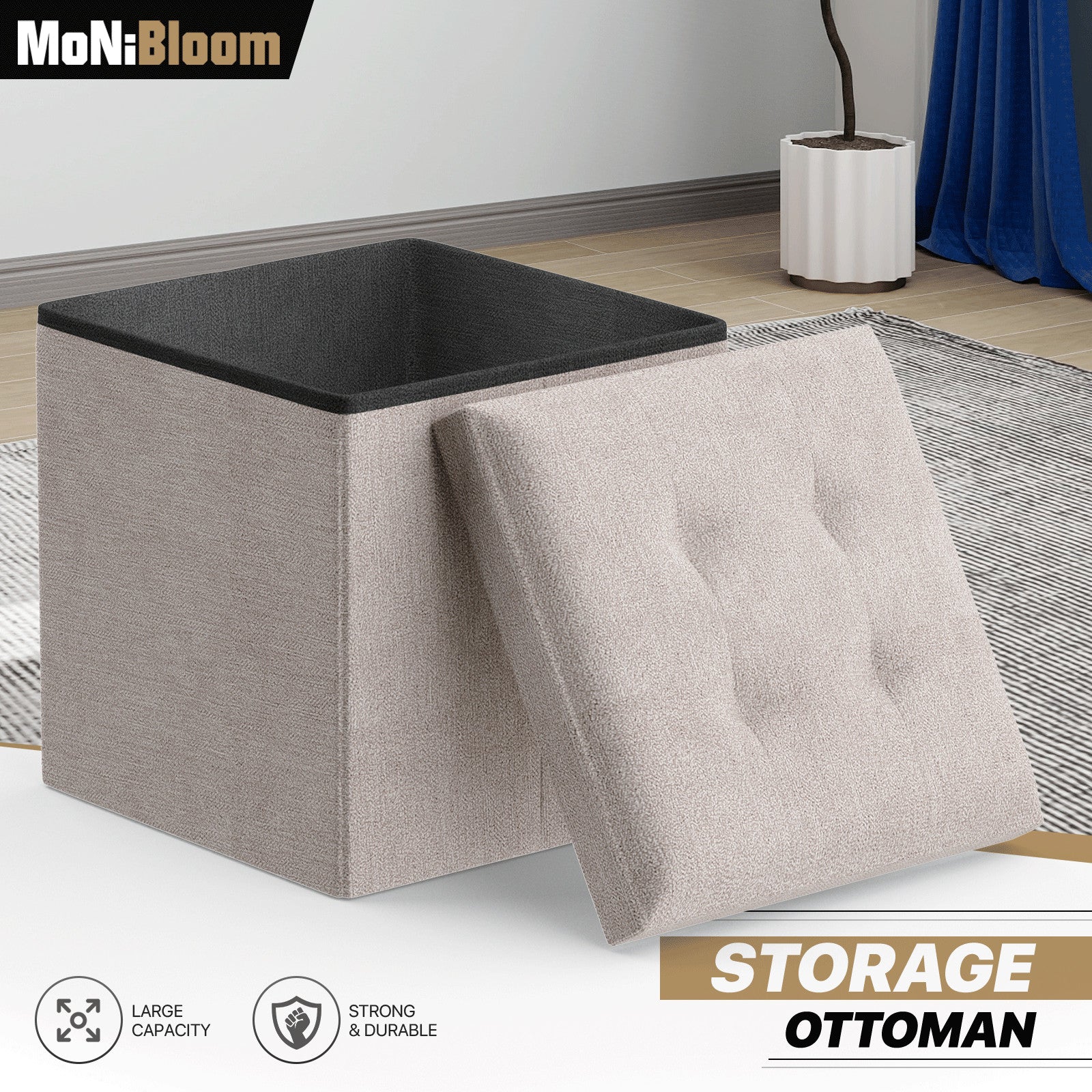 Beige Storage Fabric Ottoman Cube