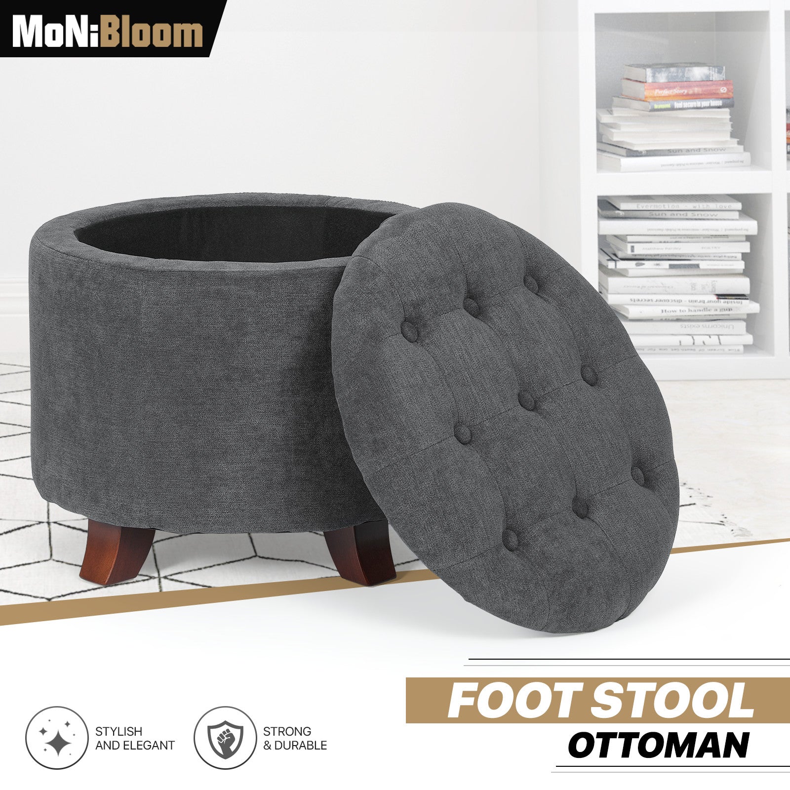 Round Dark Gray Storage Ottoman with Lid