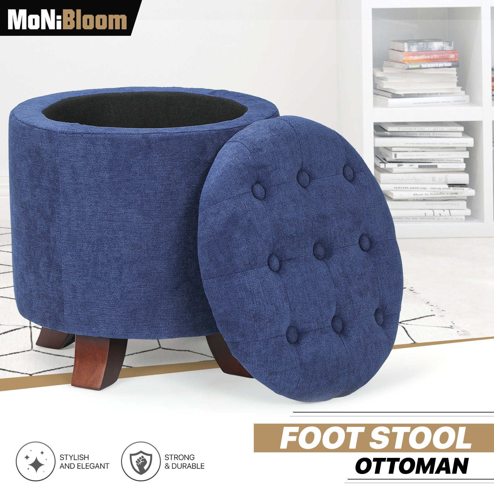 17" Navy Blue Round Storage Ottoman