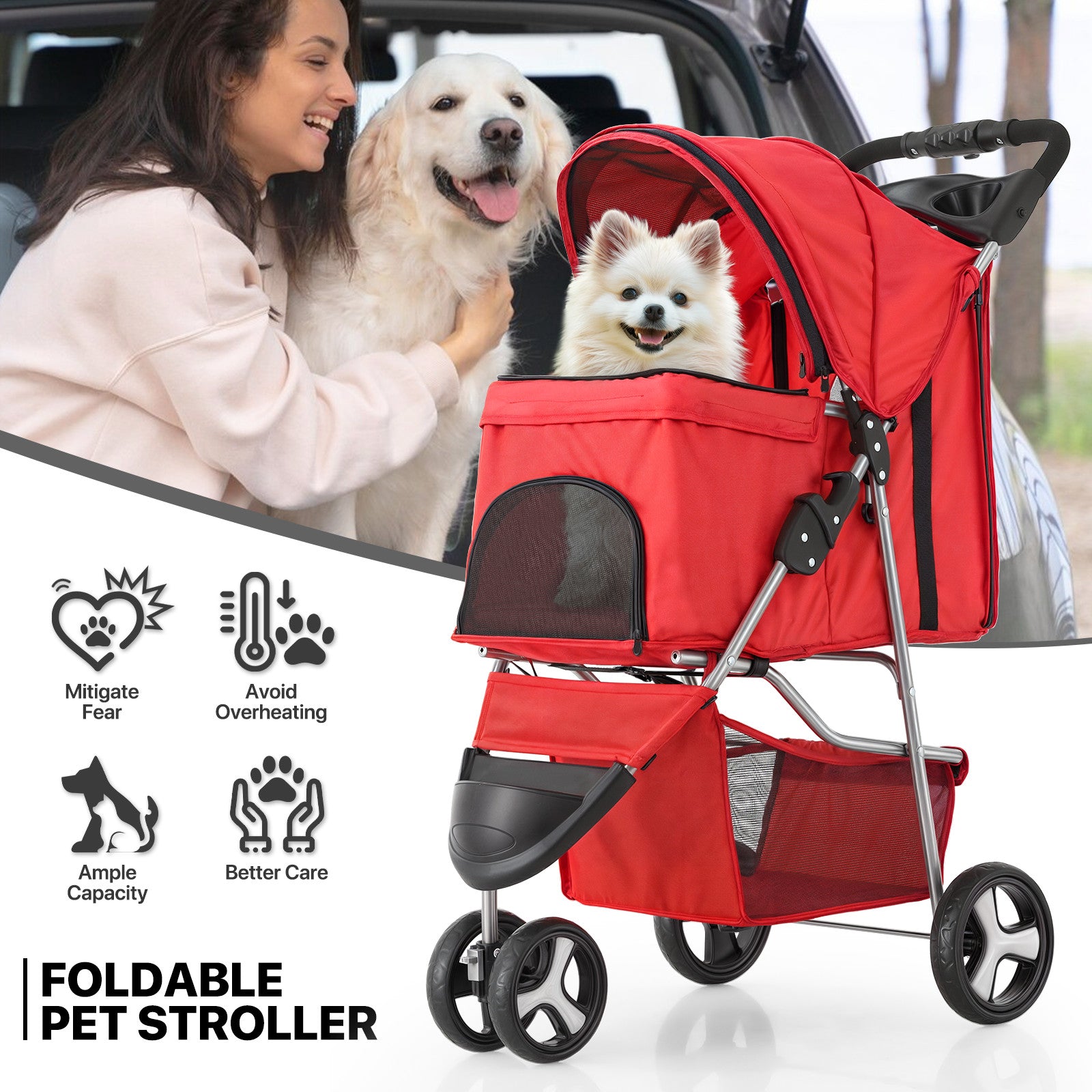 Folding Dog Stroller with Adjustable Canopy