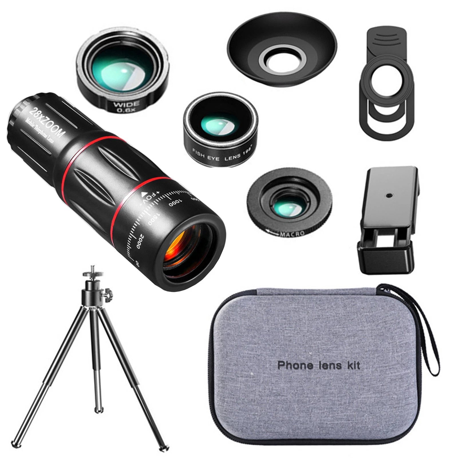 Mobile Telescope Wide Angle Lens Zoom Macro Fish Eye Clip Tripod Kit D