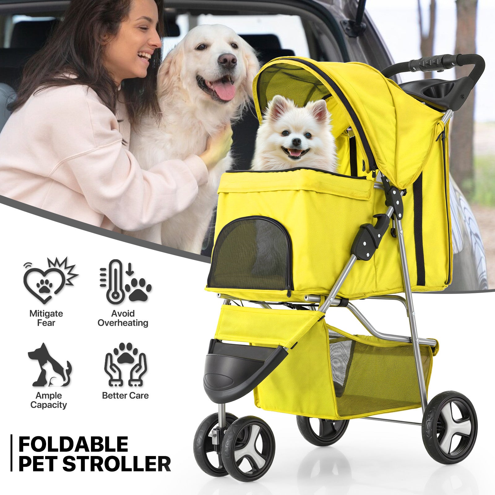 Yellow Folding Dog Cat Stroller