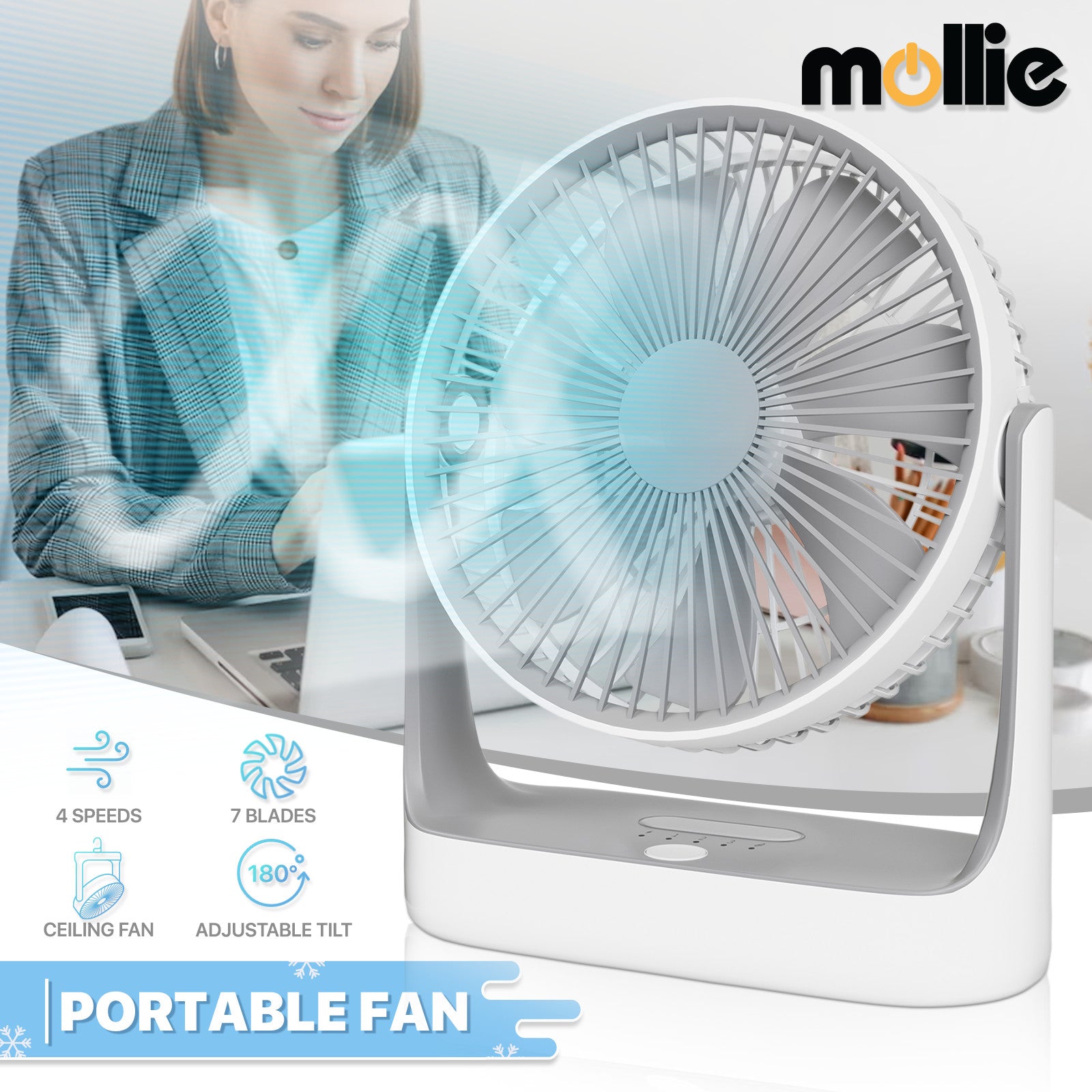 Portable USB Rechargeable Desk Fan with 180° Tilt