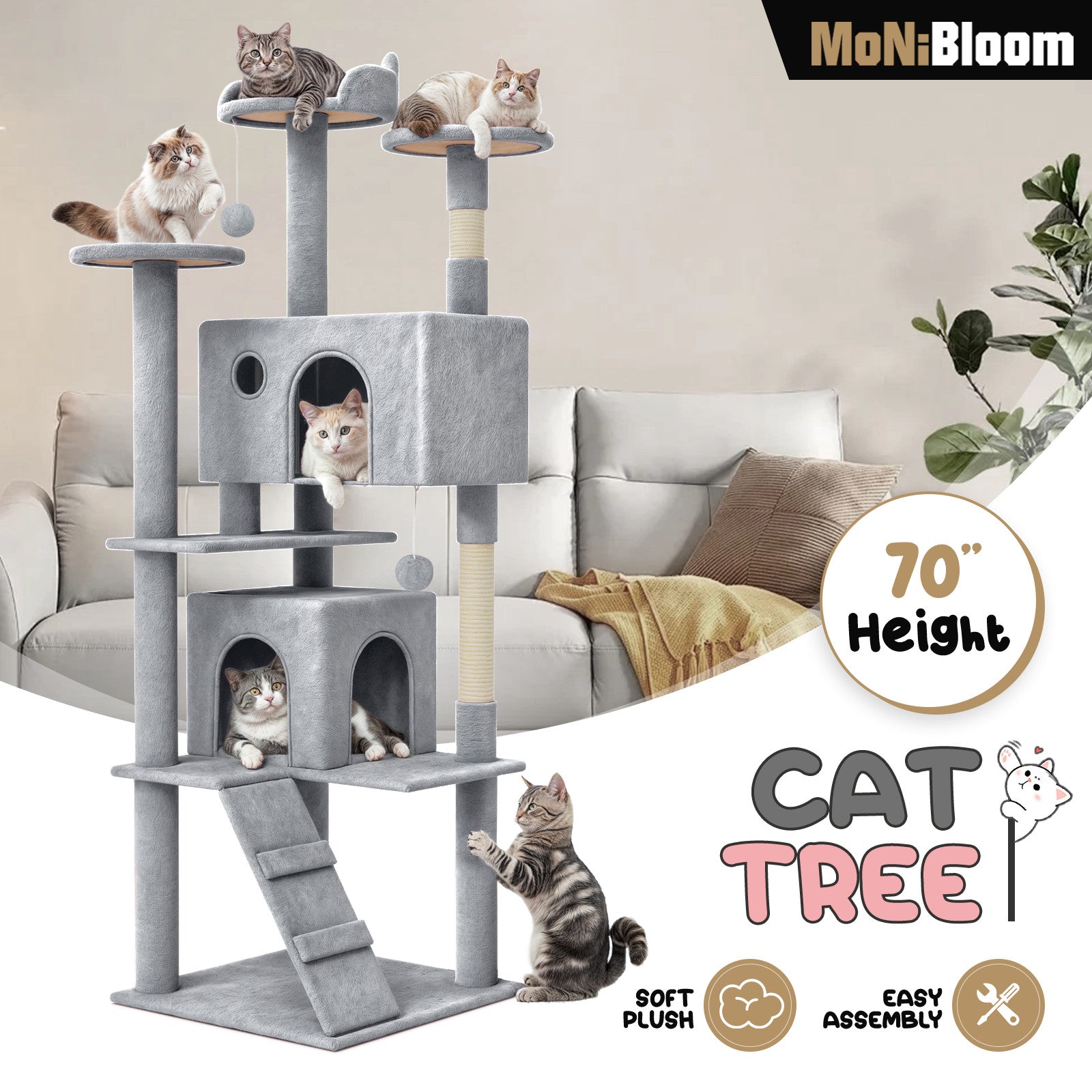70'' Cat Tree - Sturdy Large Cat Condo
