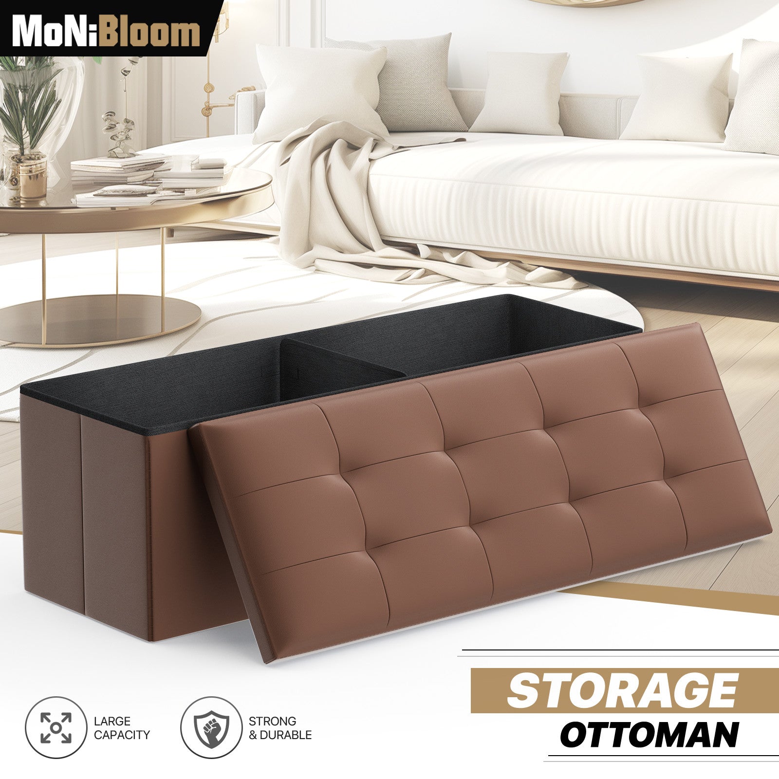 43" Brown Fabric Storage Ottoman with Lift Top