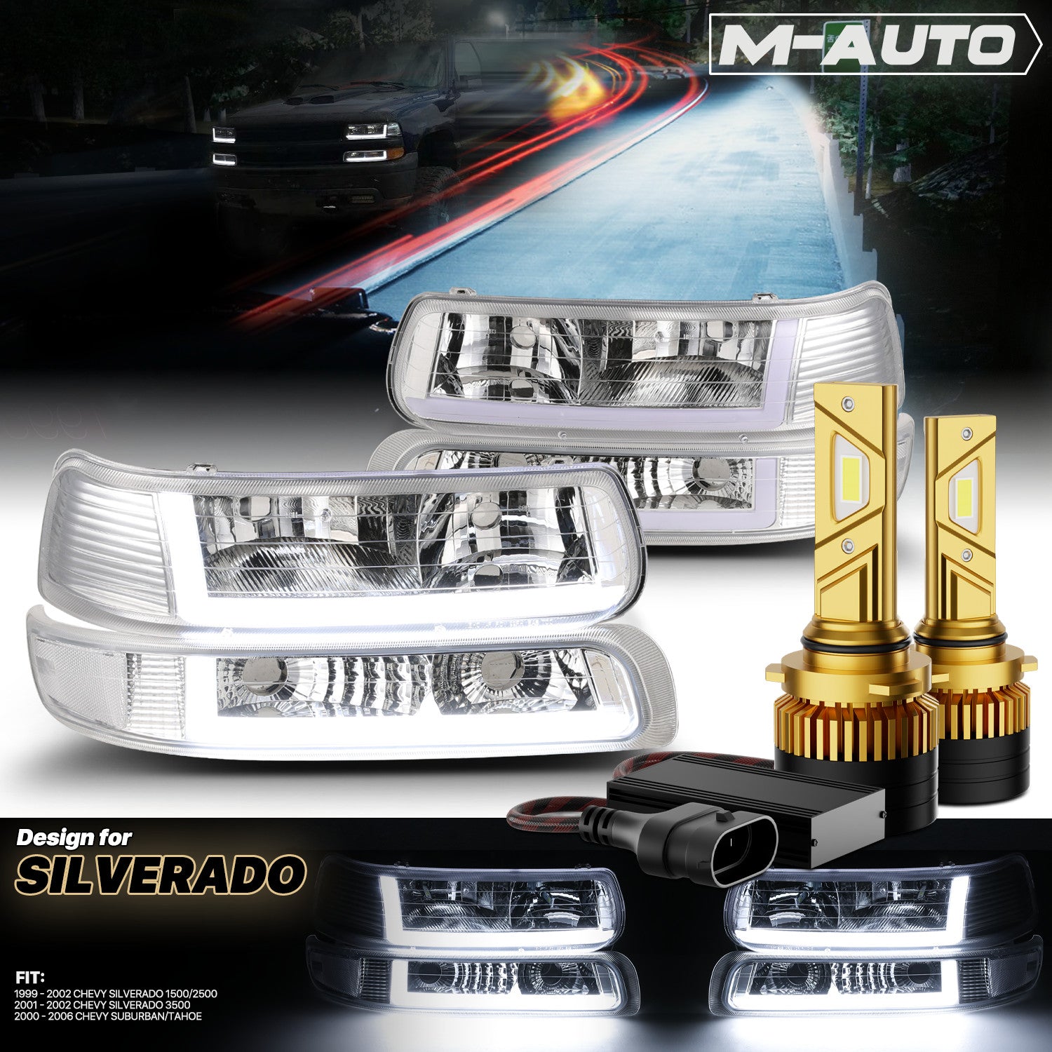 Chrome Headlight & Bumper with 6500K LED for 99-06 Silverado