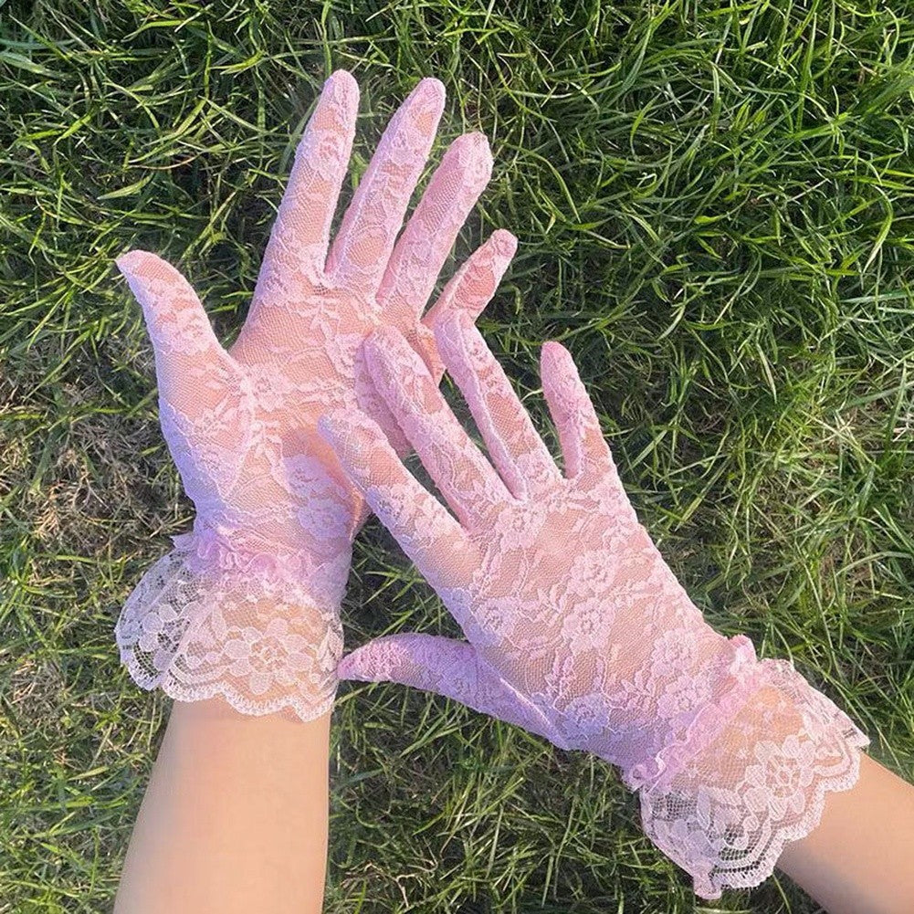 Black Mesh Gloves with Lace Design