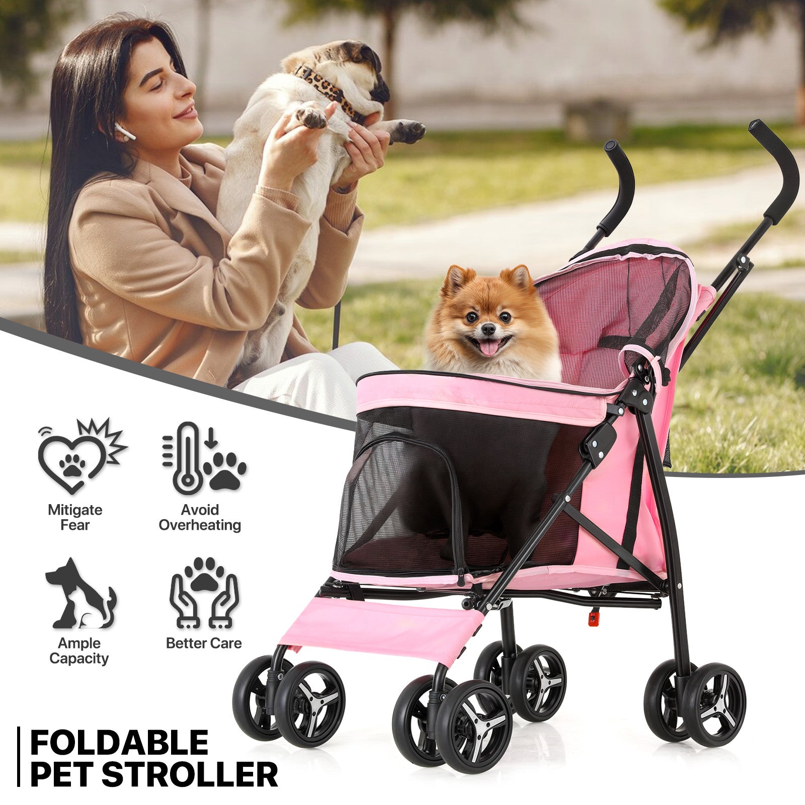 Pink Foldable Dog Stroller with Canopy