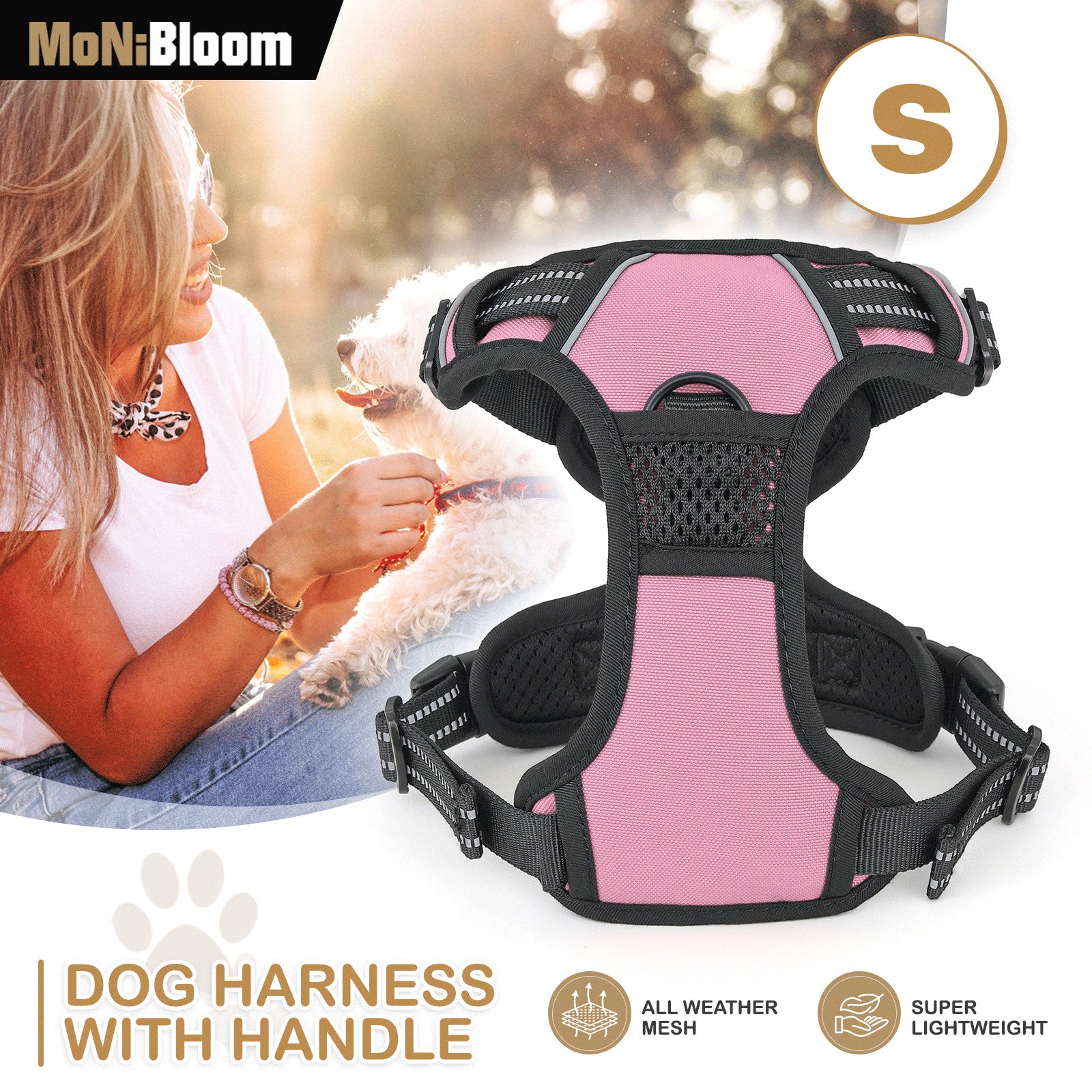 Pink Durable Reflective Pet Dog Harness w/ Handle No Pu
