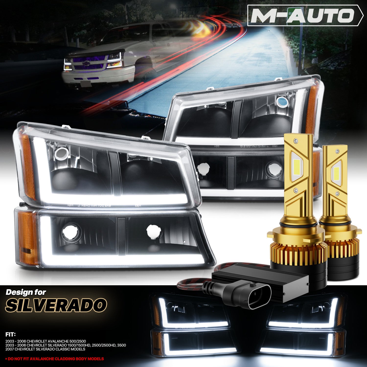 Black Headlight & Bumper with 6500K LED for 03-07 Silverado