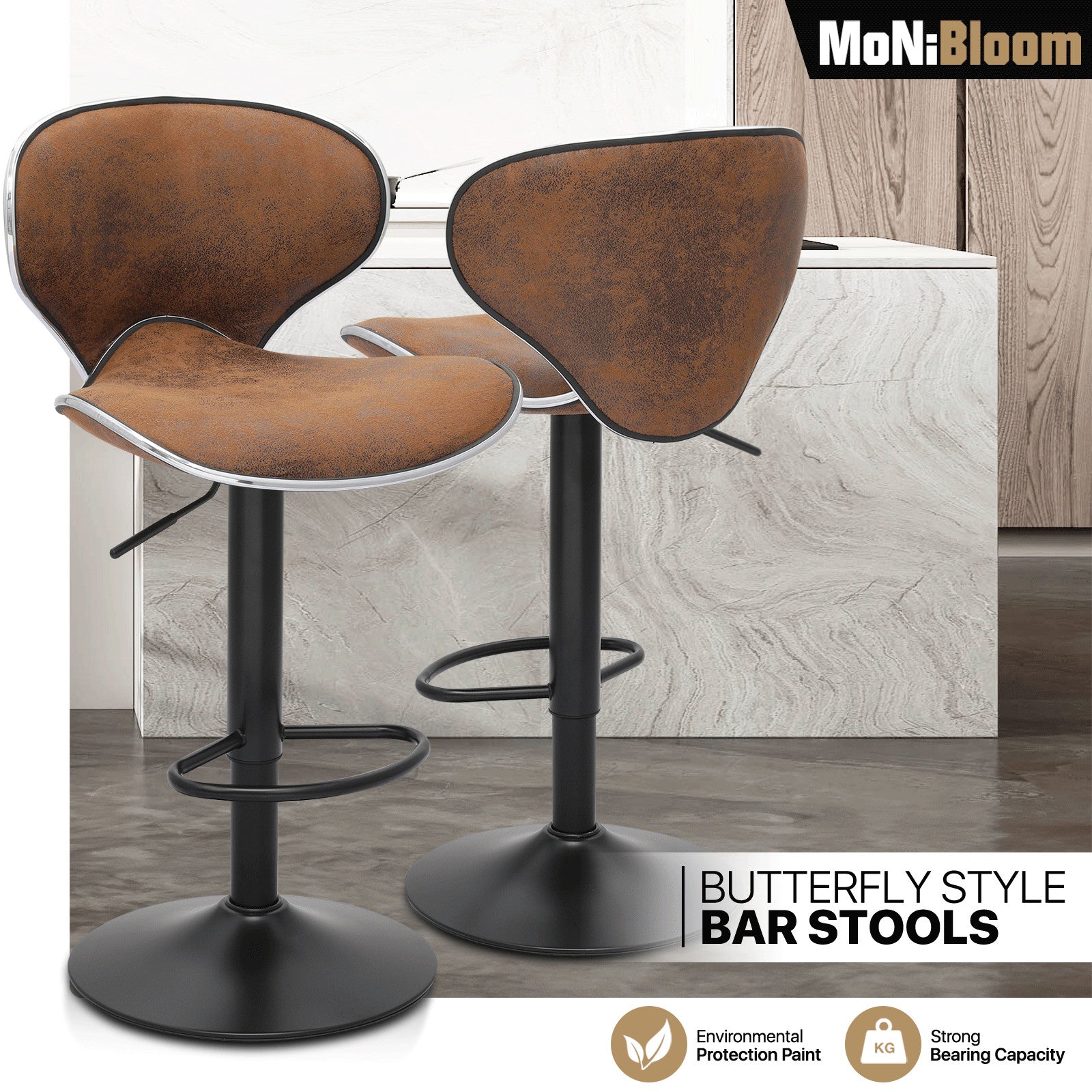 Set of 2 Adjustable Swivel Leather Bar Stools