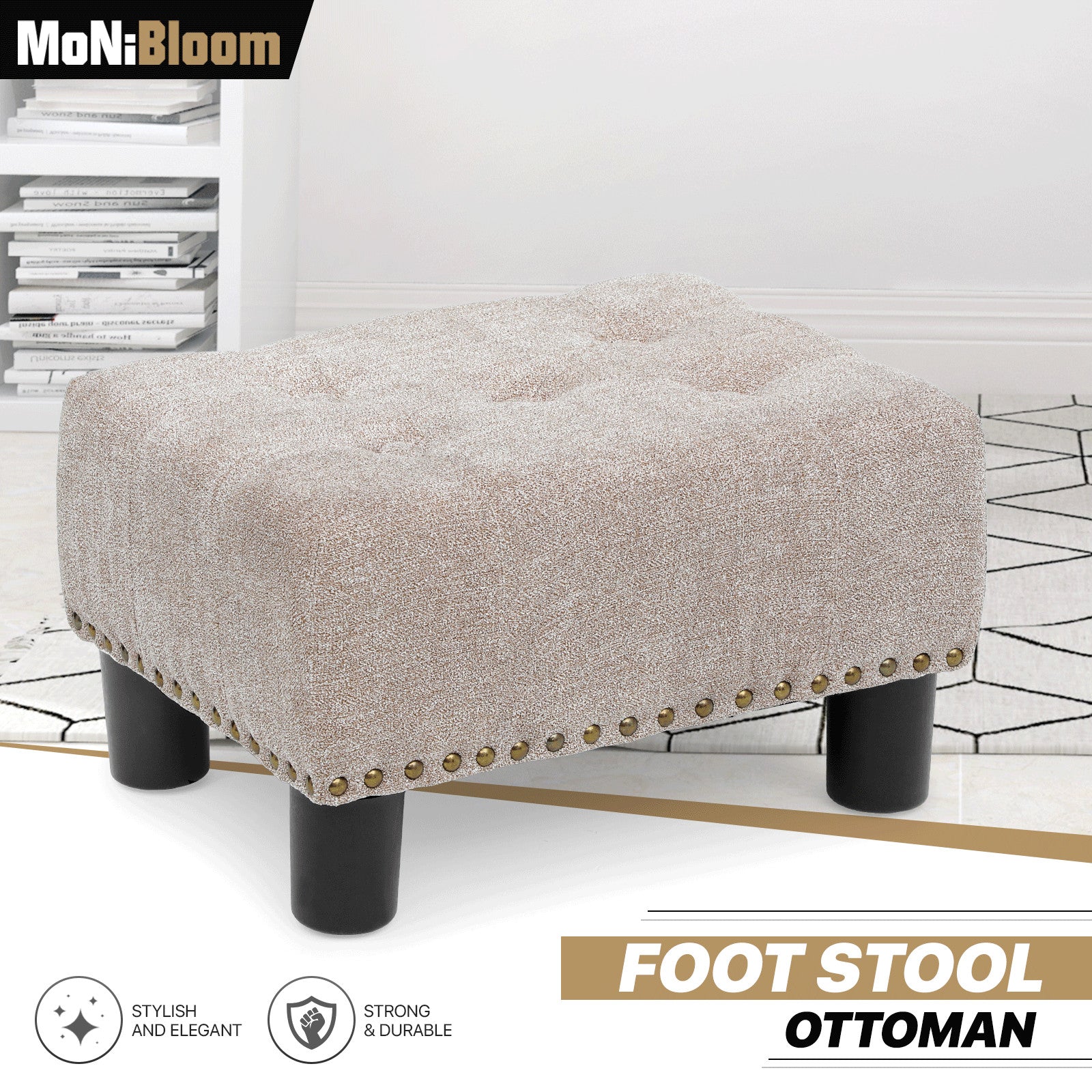 15" Beige Tufted Ottoman Footstool