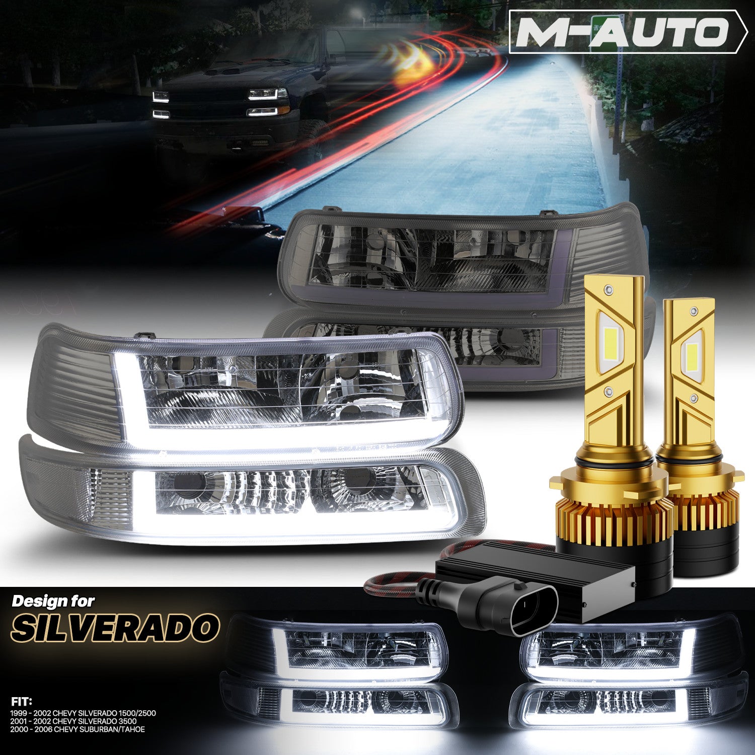 [DRL LIGHT BAR] Smoke Headlight+Bumper+6500K LED Bulbs