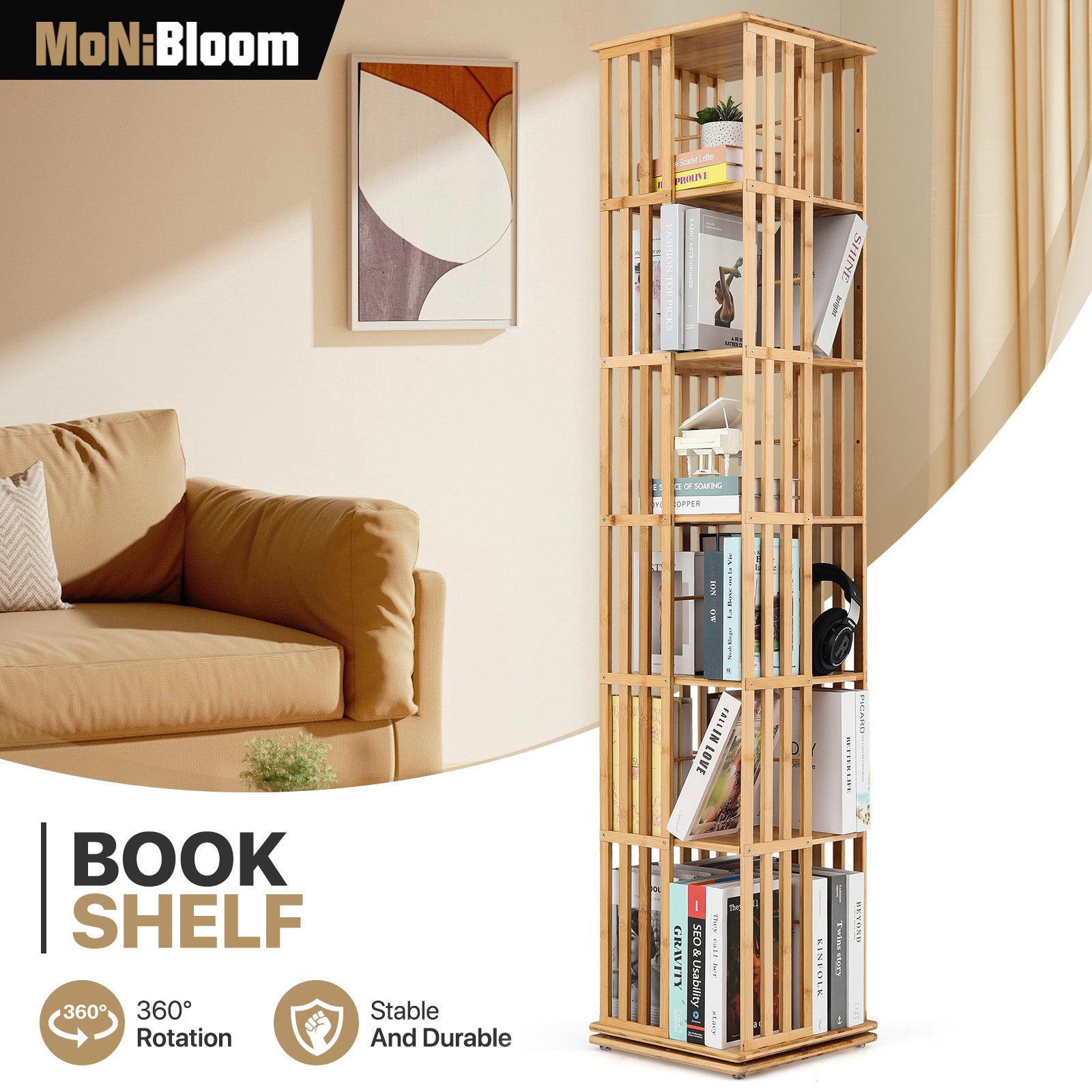 Natural Bamboo Rotatable Bookshelf