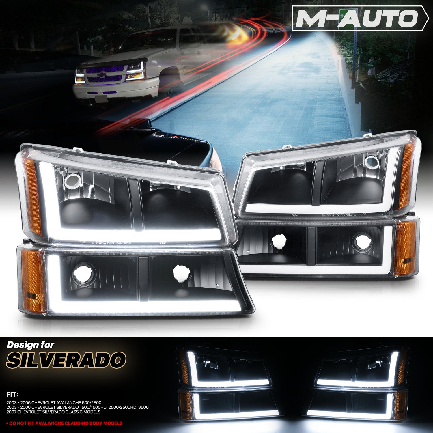 4PC Black Headlight & Bumper for Chevy Silverado