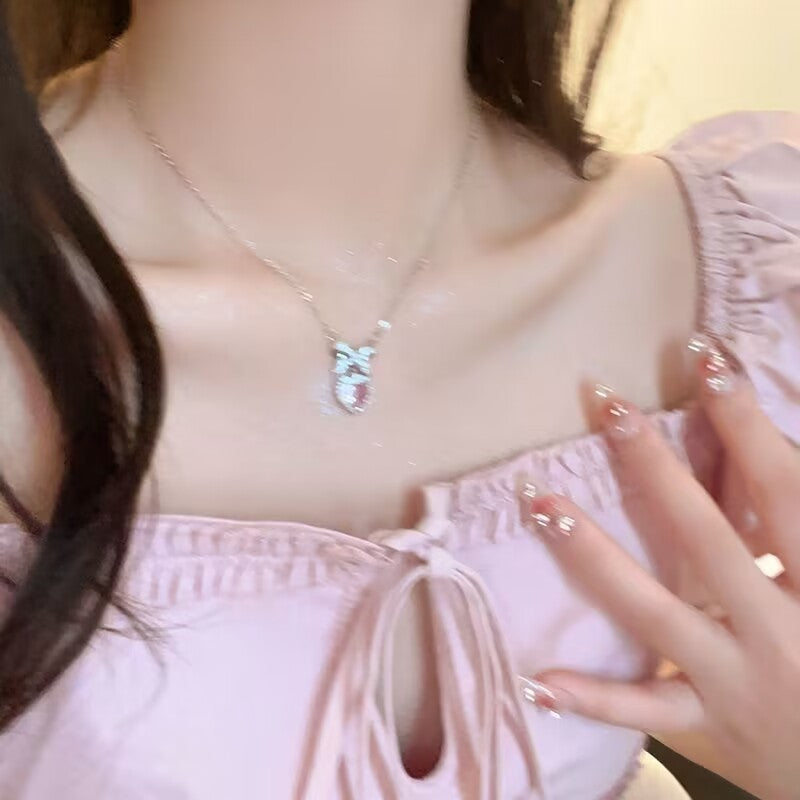 Pink Heart Zircon Bow Necklace for Women
