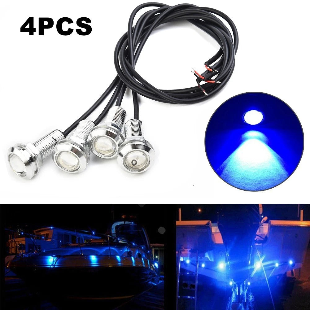 4 X Blue Round Marine Boat Cabin Courtesy Lights Deck Led Walkway