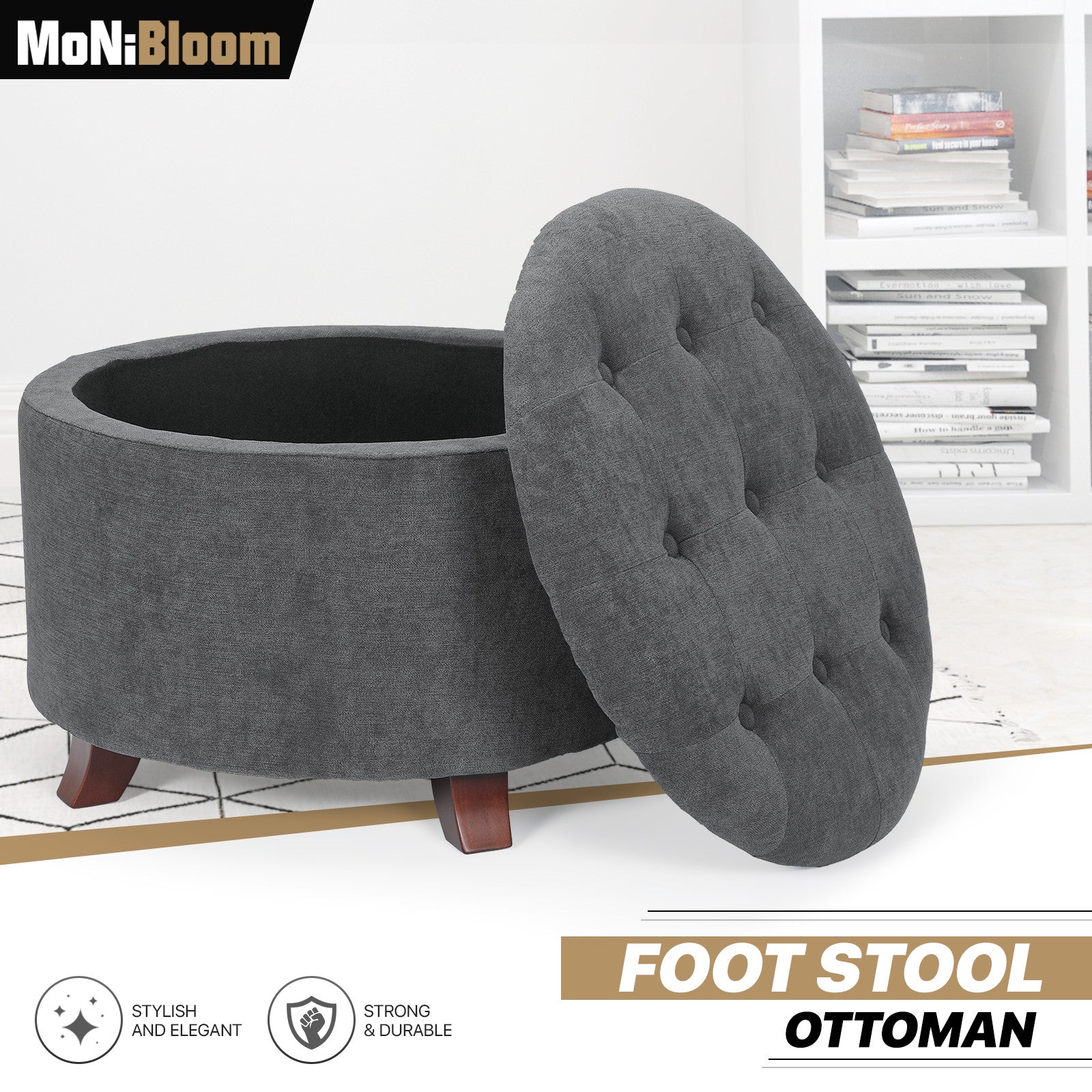 17" Lift Top Storage Ottoman Round Modern Tufted Footst