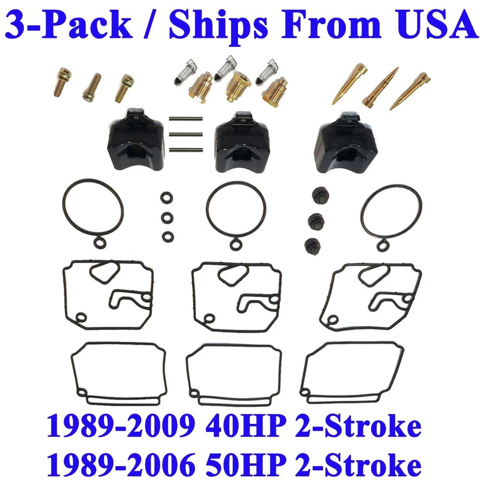 3-pack Yamaha Outboard Carburetor Rebuild Kit 2-stroke 1989-09 40hp /